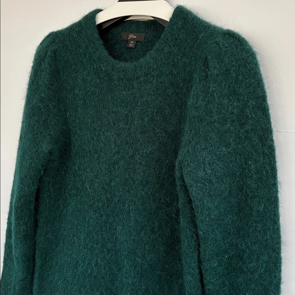 J. Crew Puff Sleeve Fuzzy Crewneck Sweater In Old Forest Alpaca Merino Blend XS
